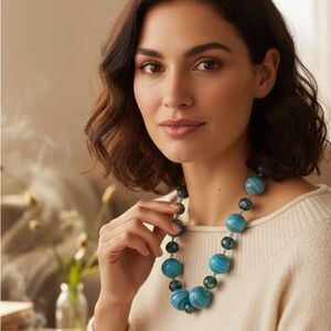 Artisan Polymer Clay&Murano Glass Bead Necklace Blue Red Swirl Statement Jewelry